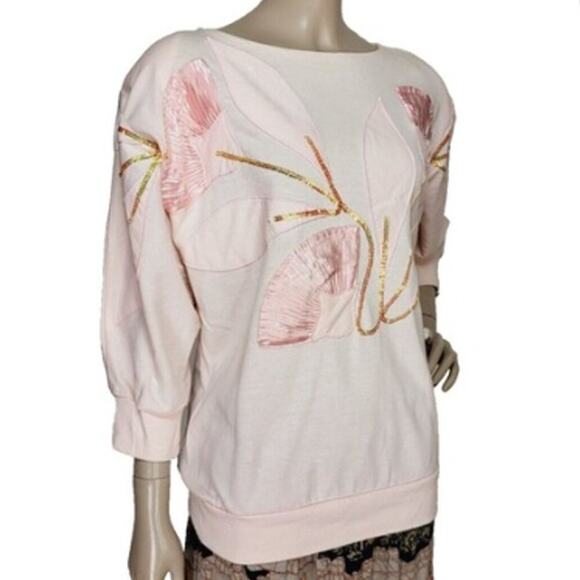 1980s Vintage Embroidered Sweater Sequins Lotus Flowers Pullover Size Large Pink - Picture 3 of 12